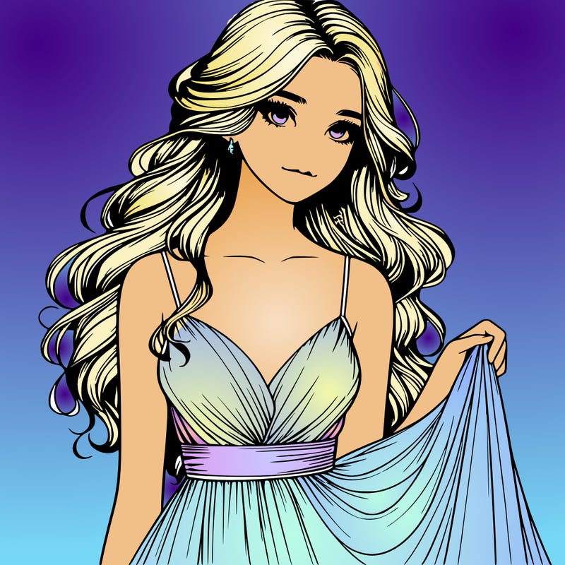 realistic girl in flowy silky prom dress