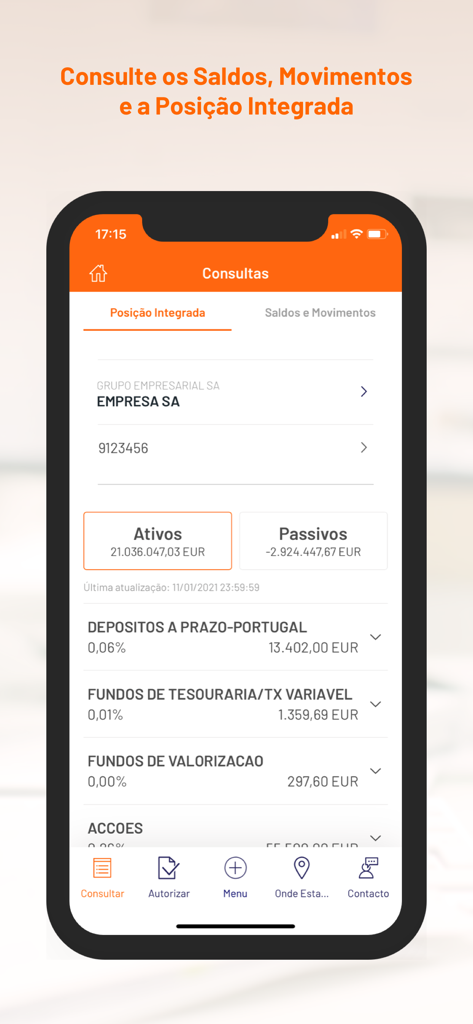 Aplicativo móvel BPI Empresas mostrando o painel da posição financeira integrada com visão geral de ativos e passivos
