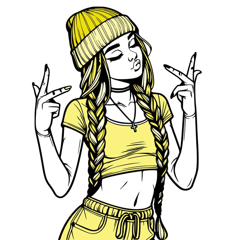 realistic teenage girl with braids and a beanie and crop top doing 🫶🏼