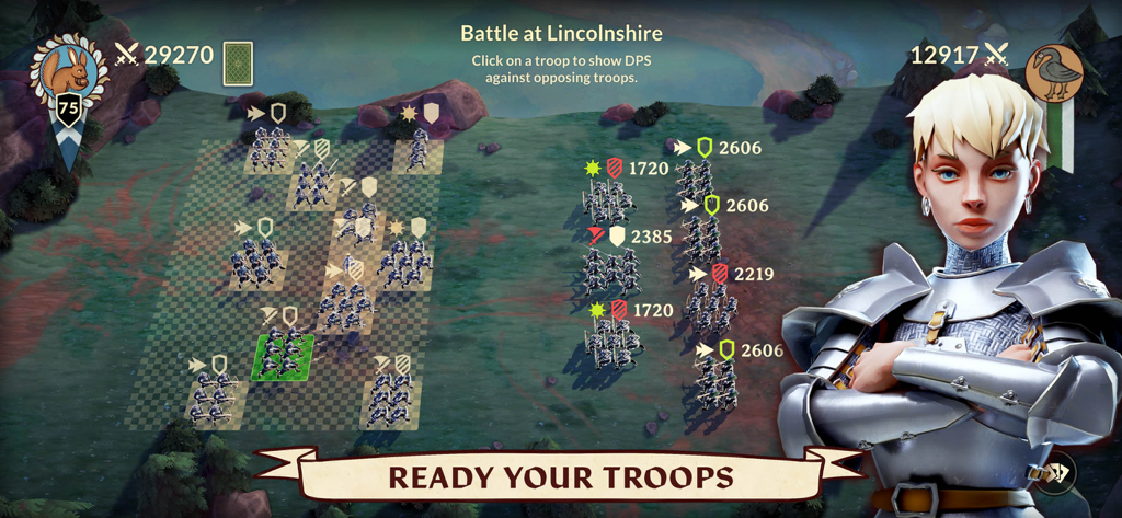 Dawn of Ages: total war battle - Pantalla de preparación de batalla medieval en Dawn of Ages mostrando la colocación de tropas en una cuadrícula para la Batalla de Lincolnshire