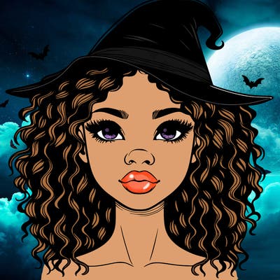 realistic black girl with wavy hair and witch hat and nose and lips