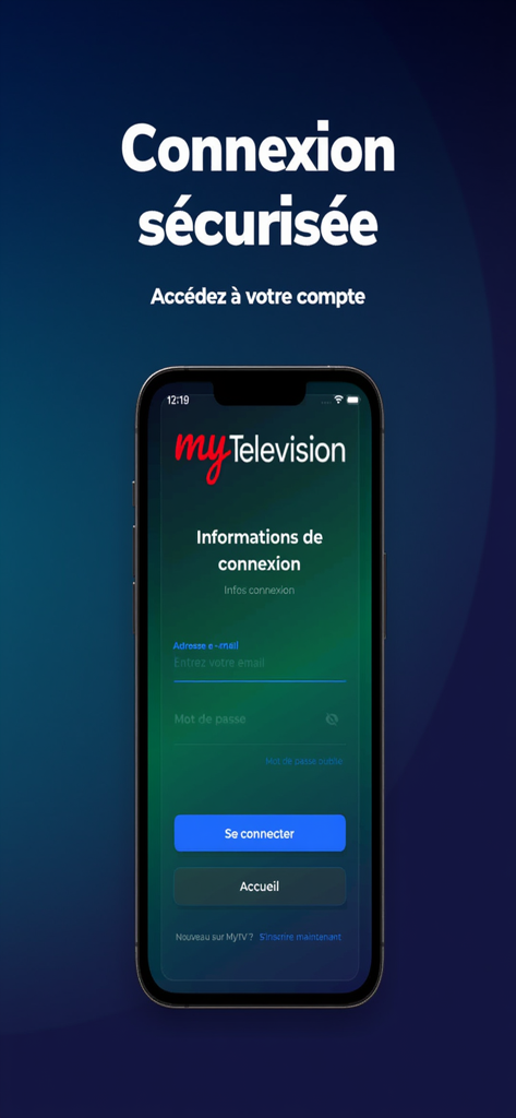 MyTelevisions - Secure login interface for the MyTelevisions app showing email and password fields