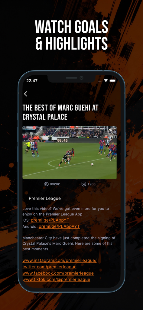 Foot Live Score: News & Videos - Smartphone-Bildschirm mit Video-Highlights von Fußballspielen und Torwiederholungen.