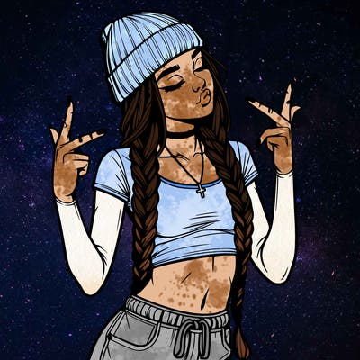 realistic teenage girl with braids and a beanie and crop top doing 🫶🏼