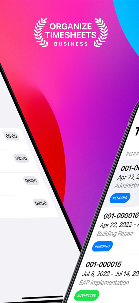 Time Entry for Business - Interfaz de la aplicación móvil para organizar hojas de tiempo de negocios y seguir el estado del proyecto