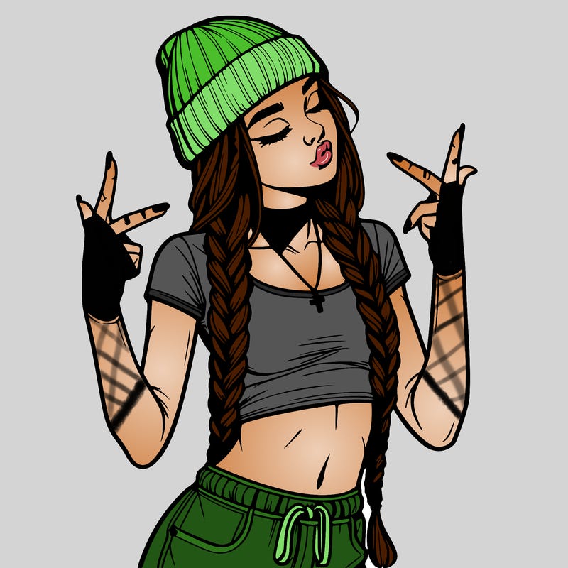realistic teenage girl with braids and a beanie and crop top doing 🫶🏼