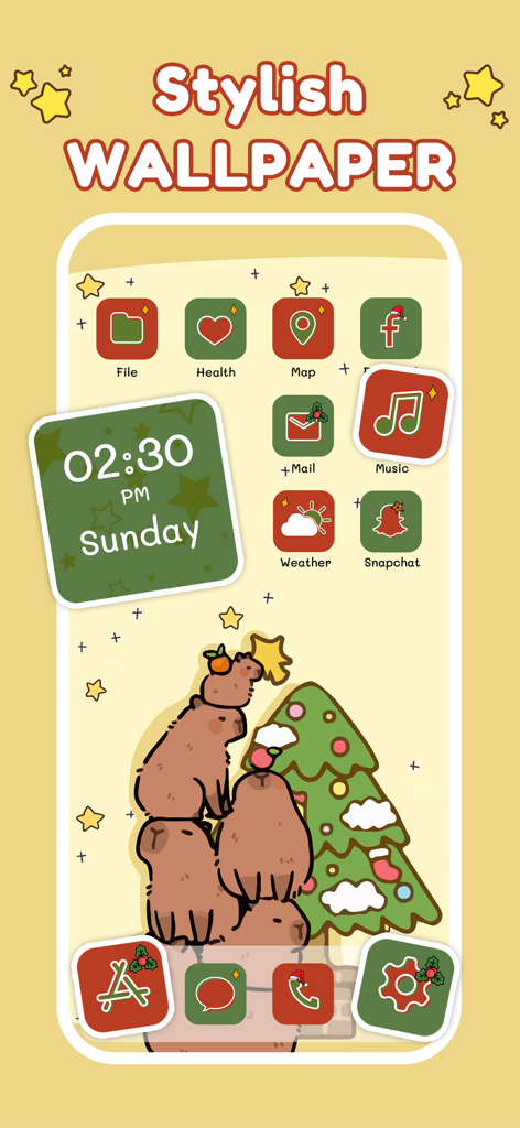 Um tema de telefone de Natal estiloso com capivaras, uma árvore de feriado e ícones de aplicativos verdes e vermelhos personalizados.