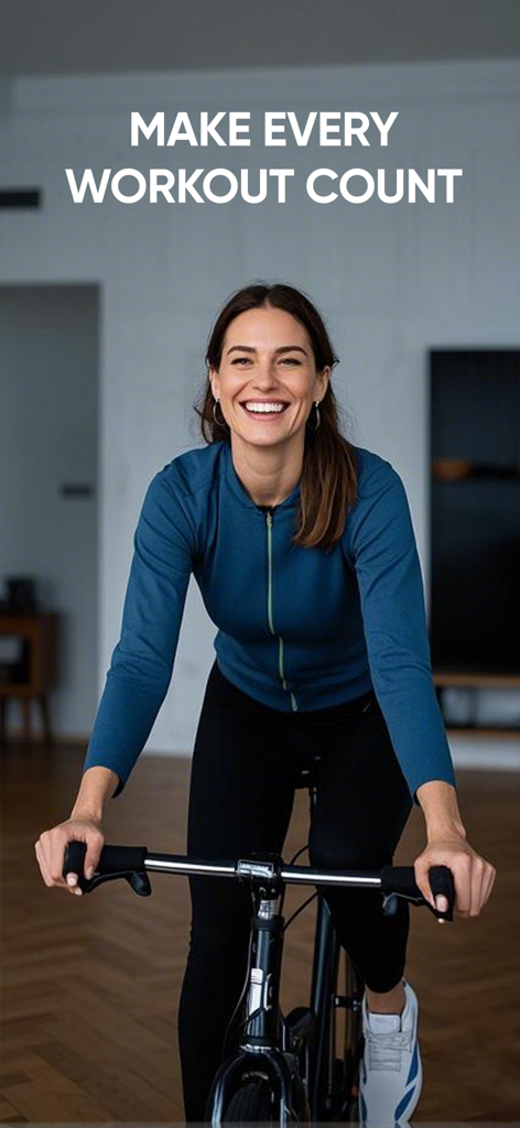 A happy woman exercising on a stationary bike with the slogan Make Every Workout Count
