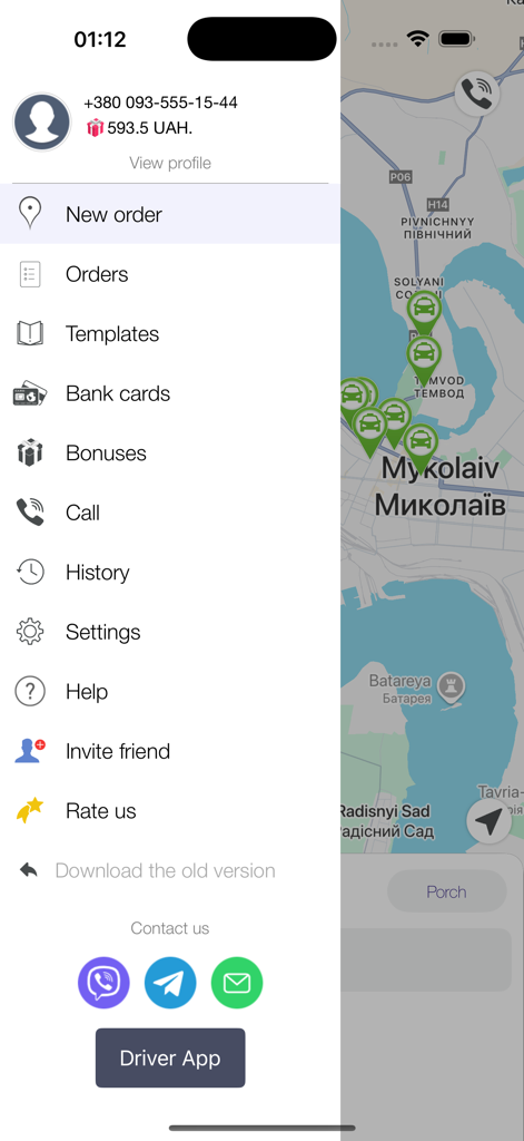 Taxi 994 - Order Taxi Online - Interface of Taxi 994 app showing the sidebar navigation menu and a map of Mykolaiv with available taxis.