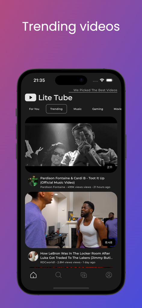La aplicación LiteTube mostrando la sección de videos de tendencia