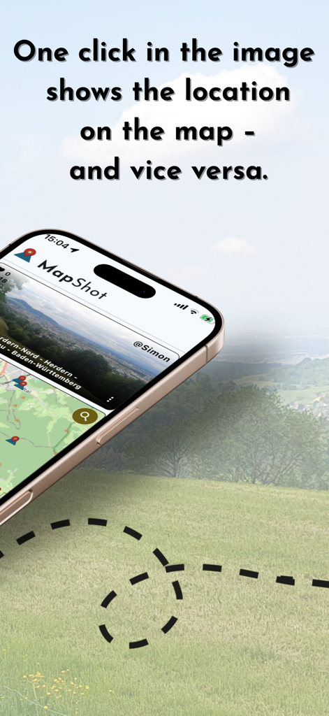 MapShot - Orientation Boards - MapShot app on a smartphone showing how clicking a photo displays its location on a map