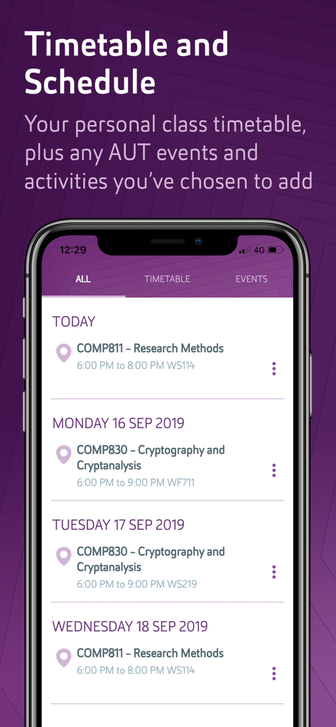 AUT - A mobile screenshot of the AUT app showing the student timetable and class schedule interface.