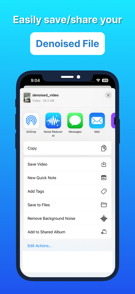 Audio Video Noise Reducer AI - iPhone-Freigabemenü mit Optionen zum Speichern oder Teilen einer entrauschten Videodatei