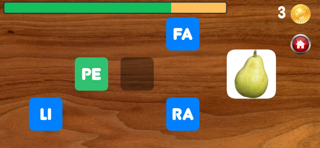 Educational game screen showing the Spanish word for pear being formed with syllables