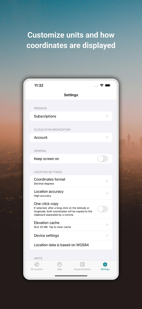 My GPS Coordinates ° - Pantalla de configuración de la aplicación Mis Coordenadas GPS que muestra opciones para personalizar unidades y formatos de coordenadas.