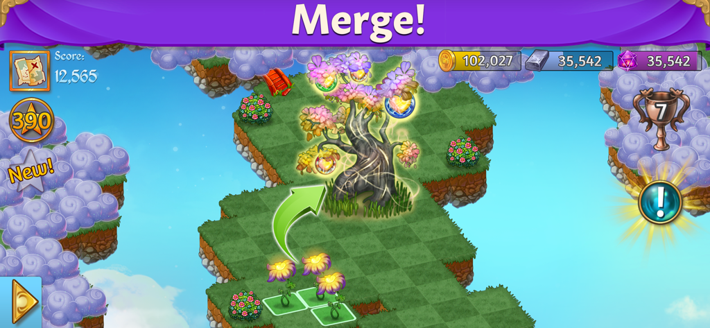 Gameplay screen of Merge Dragons showing the merging mechanic on a floating island