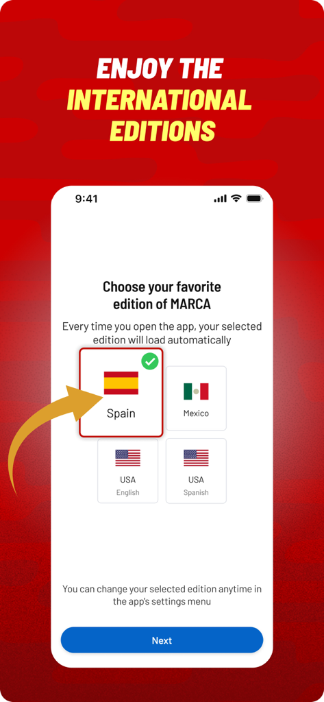 Screen in the MARCA app to choose between international editions including Spain Mexico and the USA