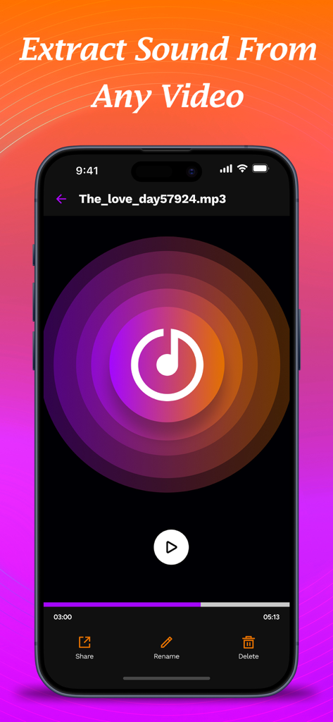 Y2mate Apps - Interfaccia dell'app Y2mate che mostra la funzione di estrazione audio con opzioni per condividere e rinominare file mp3