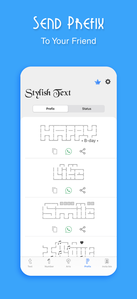 Uma interface móvel para Stylish Fonts mostrando vários prefixos de arte de fontes, incluindo Feliz Aniversário e Sorria para mensagens