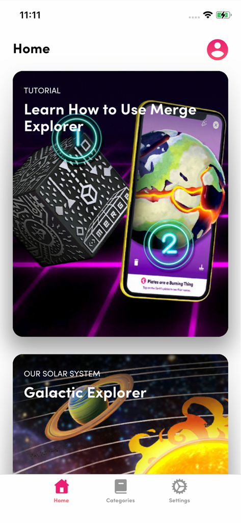 Merge Explorer - Merge Explorer app home screen featuring a tutorial on how to use the Merge Cube and a Galactic Explorer science module