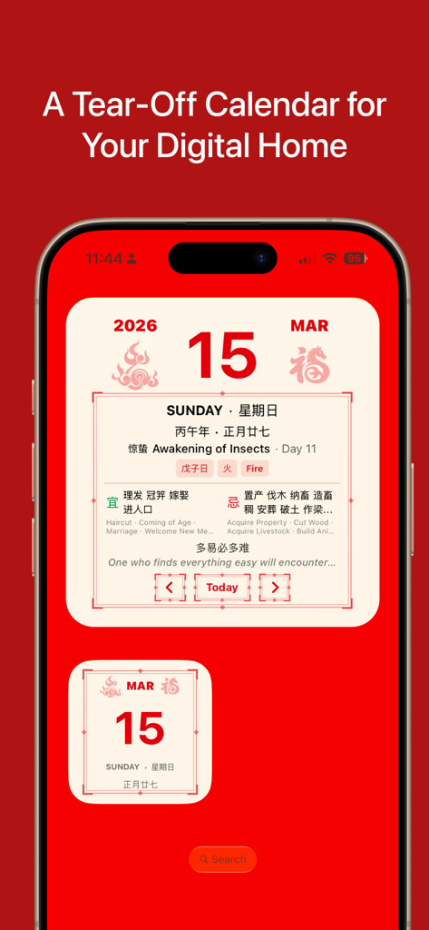 Feng Shui Calendar Widget - Pantalla de inicio de iPhone mostrando el Widget Calendario Feng Shui con actividades auspiciosas diarias y un diseño de almanaque moderno de hojas desprendibles