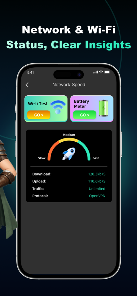 Kano Flare-Flow Glide - Painel do Kano Flare-Flow Glide mostrando resultados de velocidade de rede e atalhos de utilitários