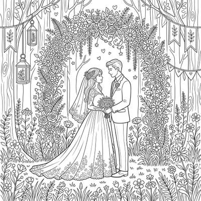 Step into a fairytale with this beautiful forest wedding coloring page, featuring a loving couple beneath a breathtaking floral arch. Perfect for celebrating romance and nature, this intricate design offers a delightful coloring escape.
