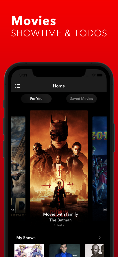 MovieFlix : Movies & TV Shows - MovieFlix app home screen showing a movie watchlist with the movie The Batman.