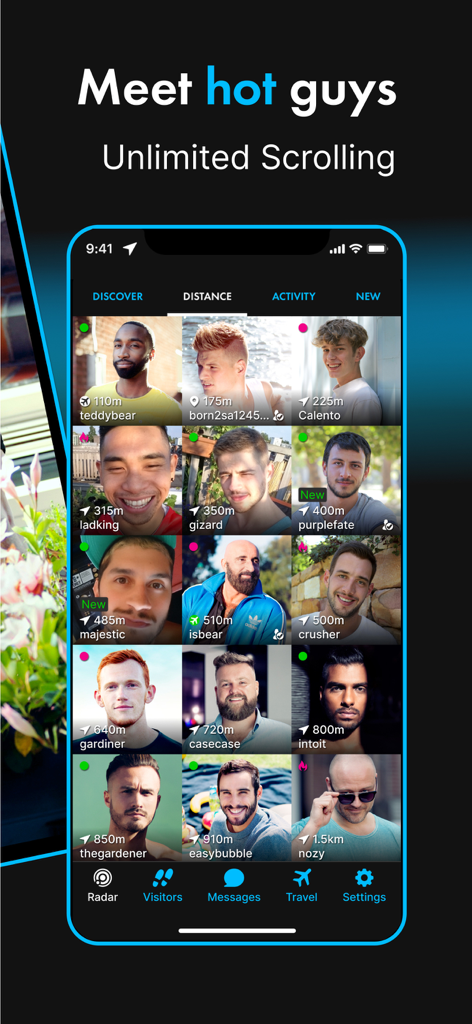 ROMEO - Gay Dating & Chat - Interface de l'application de rencontre gay ROMEO montrant une grille de profils masculins triés par distance avec défilement illimité