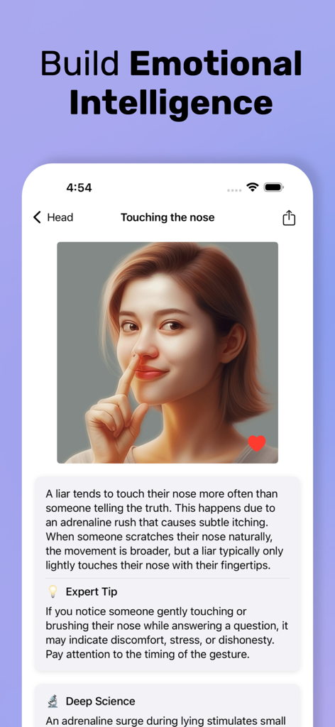 Pantalla educativa de una aplicación de lenguaje corporal que muestra a una mujer tocándose la nariz como signo de engaño.