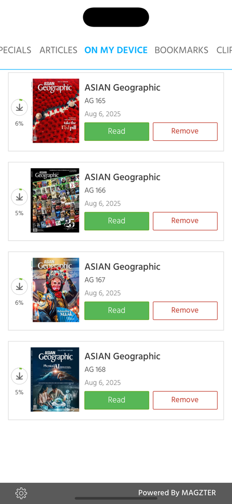 ASIAN Geographic Magazine - ASIAN Geographic Magazine app library screen showing a list of downloaded magazine issues with cover art and read buttons.