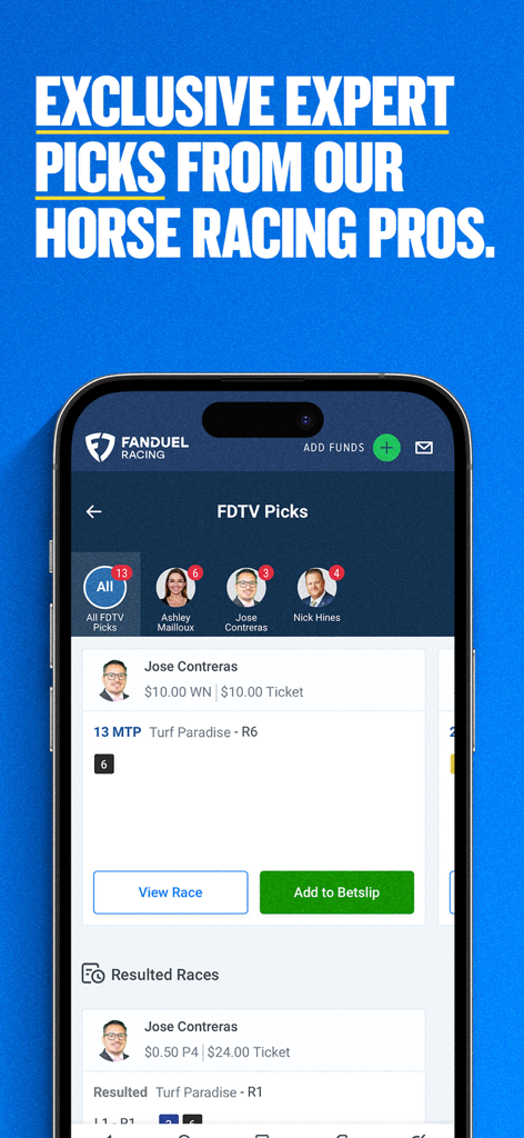 FanDuel Racing - Bet on Horses - FanDuel Racing 앱 화면에 독점 전문가 예측 및 경마 베팅 팁 표시