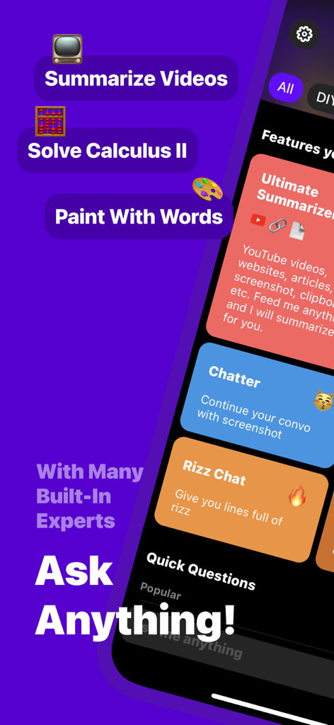Interface of Smarty AI chatbot showcasing video summarization and rizz chat features