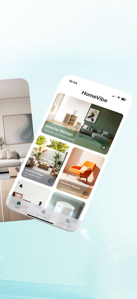 HomeVibe – AI Home Design - HomeVibe app interface showing AI interior design and furniture search options on a mobile screen