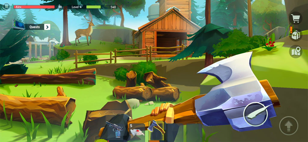 TEGRA: Zombie survival island - Vista en primera persona de un jugador sosteniendo un hacha en un entorno de supervivencia en el bosque con una cabaña de madera y un ciervo