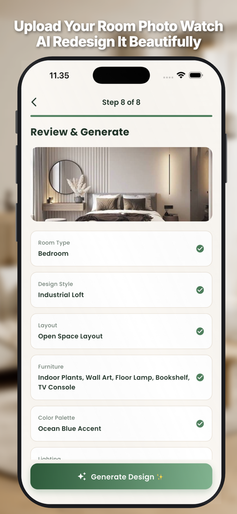 AI Room Design : Home Interior - AI room design app screen showing selected options for a bedroom in an industrial loft style before generation