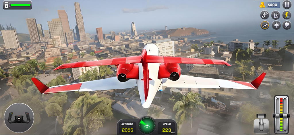 Flight Sim 3D의 3D 도시 풍경 위를 나는 빨간색과 흰색 비행기