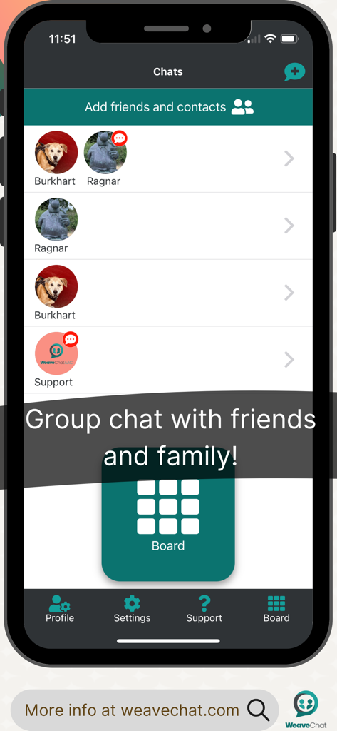 Weave Chat AAC - Weave Chat AAC app screenshot showing the group chat screen for messaging friends and family.