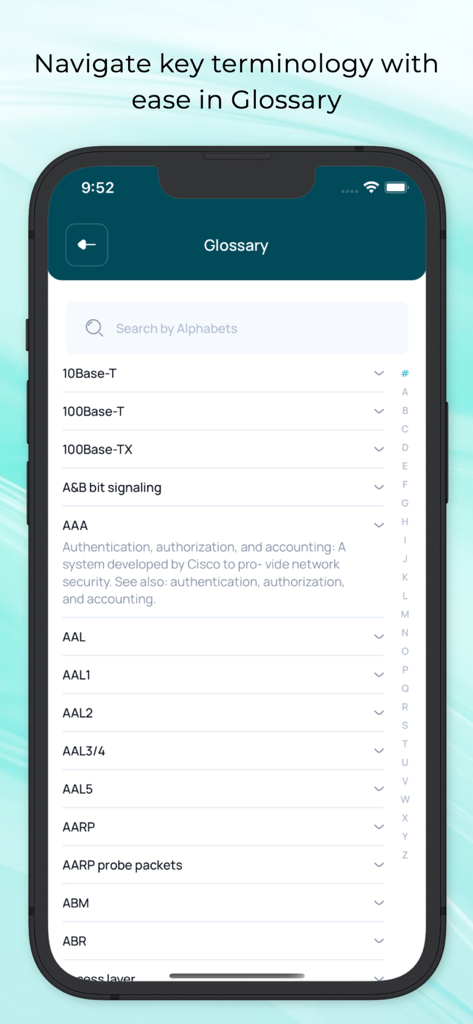 Una captura de pantalla de la sección de glosario en la aplicación de preparación de exámenes CCNA y CCNP Cisco que muestra términos y definiciones de redes