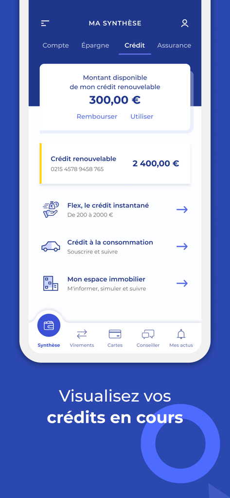 Mes Comptes - LCL - Interface de l'application mobile LCL affichant un résumé des crédits et prêts bancaires.