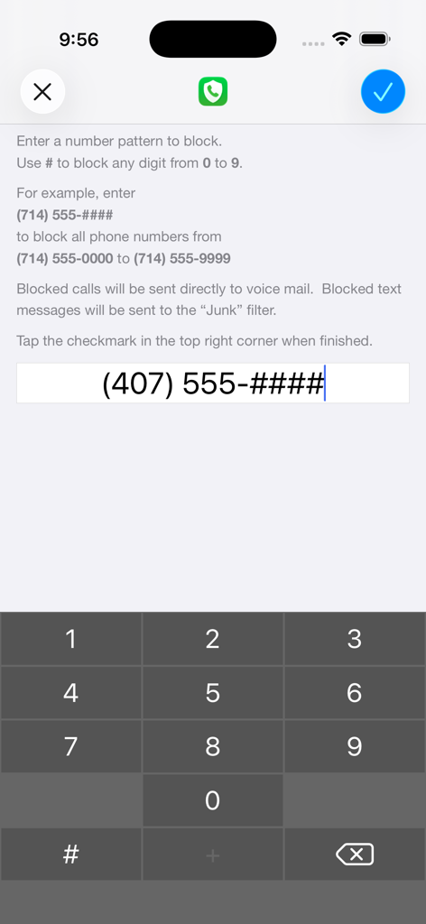 Number Shield - Pantalla de la aplicación Number Shield que muestra el campo de entrada para introducir patrones de números de teléfono con comodines para bloquear estafadores