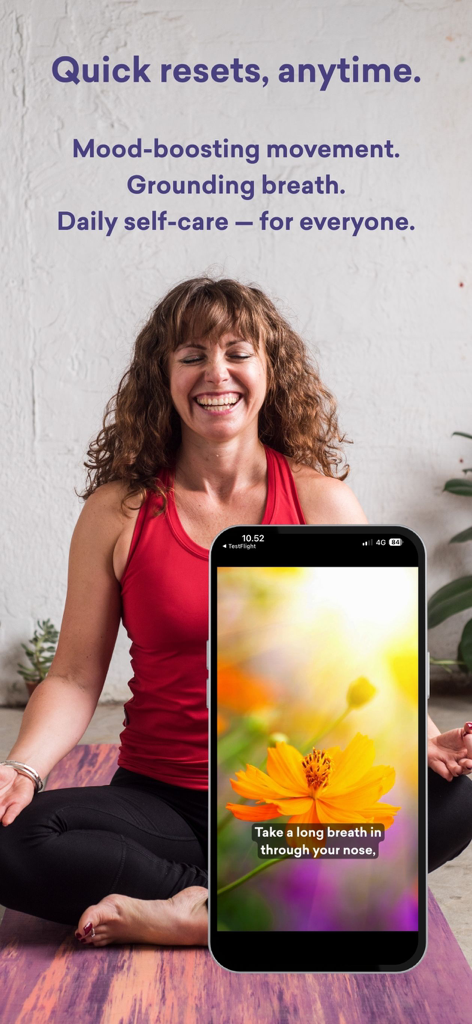 Yogaia: Daily Yoga & Workout - Woman meditating with Yogaia app breathing guide on phone screen