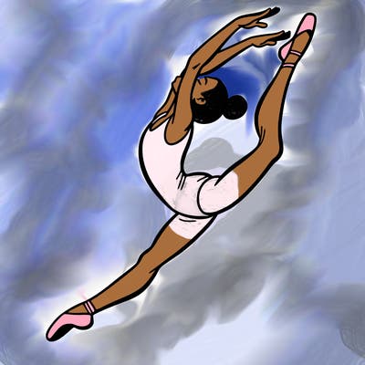 gymnast doing a leap in a leotard with a bent back leg