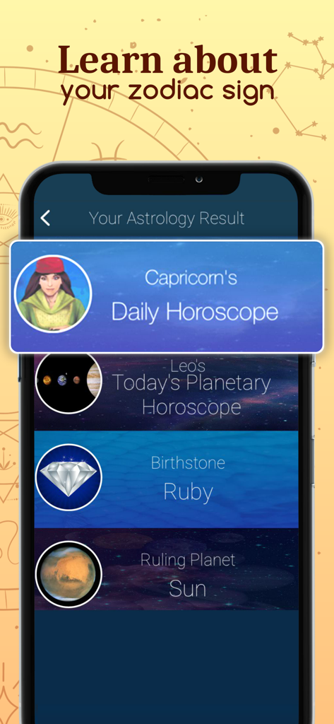 Astrology app screen showing Capricorn daily horoscope Leo planetary horoscope and birthstone information