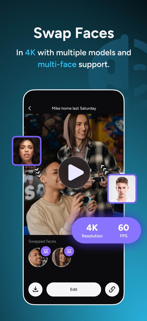 Akool - AI Video Generator - Interface of the Akool app showing its 4K multi-face swap feature on a mobile screen