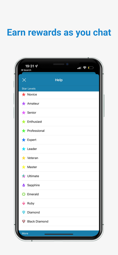 2go Chat - Hangouts, Chatrooms - A list of star levels in the 2go Chat app interface ranging from Novice to Black Diamond
