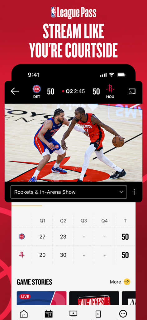 NBA app interface displaying a live basketball game stream and game statistics