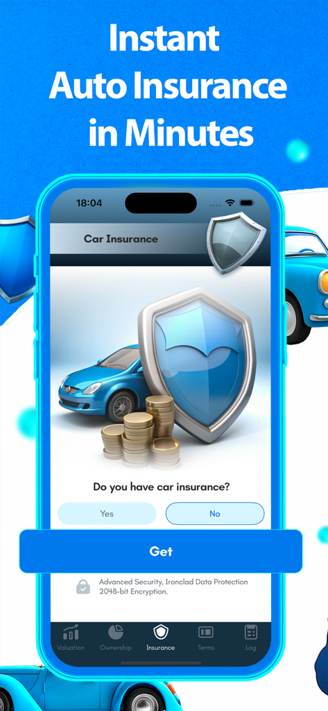 Mobile screen for instant auto insurance featuring a blue car and security shield