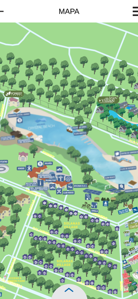 Illustrated map of Solanas Punta del Este resort showing Crystal Beach and Village areas