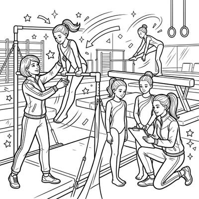 Leap into the exciting world of gymnastics with this vibrant coloring page featuring dedicated coaches and talented teen athletes. This detailed illustration captures the energy of practice, perfect for young artists to personalize.